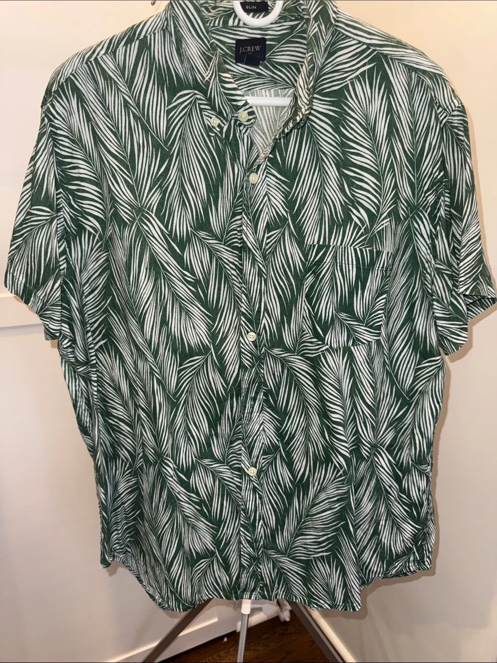 J. Crew Green and White Palm-Print Short-Sleeve Button-Down Shirt